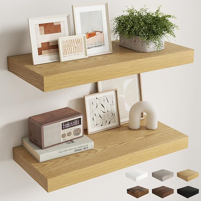 Fun Memories 30 Inch Oak Floating Shelves for Wall, 12 Inch Deep Shelves for Bathroom|Kitchen|Bedroom, Wall Mounted Rustic Wood Floating Shelf with Invisible Brackets for Books|Storage|Decor, 2 Pack