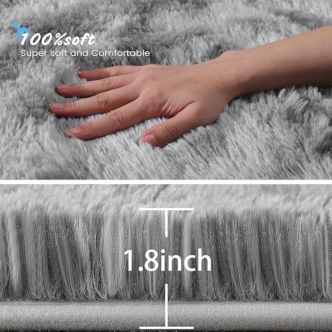 Modern Fluffy Shaggy Rug 5x7 Feet, Tie-Dyed Soft Plush Non-Slip Area Carpet for Bedroom Living Room Dorm Nursery, Light Grey Accent Floor Rug