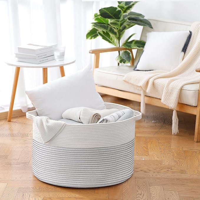 MEGASKET XXXL Large Cotton Rope Blanket Basket for Living Room, Woven Rope Storage Baskets for Organizing, Nursery Kids Toy Baskets Storage Bin Organizer, Baby Laundry Basket Hamper, Decor Basket, 88L