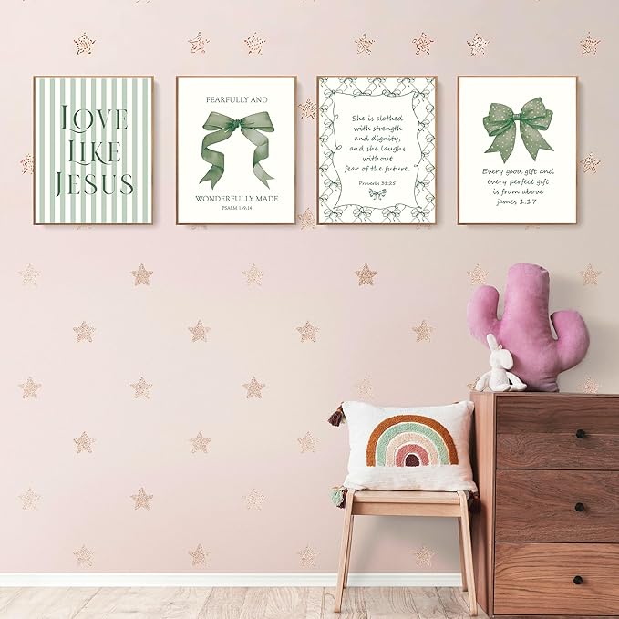 LARTSFRO Coquette Green Bow Jesus Wall Art Decor Posters, Olive Green Bow Christian Room Bedroom Bathroom Dorm Wall Art Decor Aesthetic for College Teen Girls Gifts, Inspirational Bible Verses Bow Wall Decor, 10x8 Inch Set of 4 Bow Pictures(UNFRAMED)