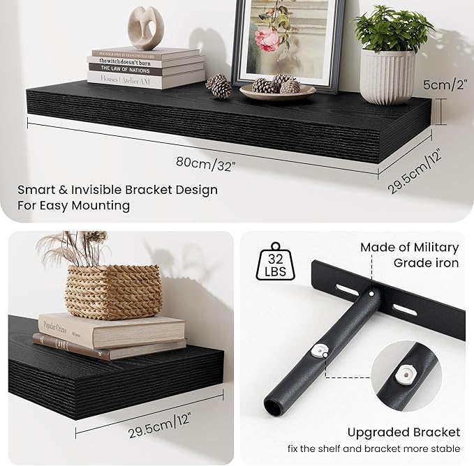 Fun Memories 32 x 12 Floating Shelves Wall-Mounted - Rustic Wood Shelf - 12 Inch Deep Floating Shelves for Wall - Large Storage Shelf for Bathroom - Kitchen & Bedroom - Black - Set of 2