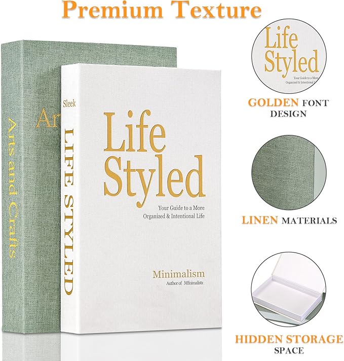 Realistic Decorative Book Boxes with Hidden Storage, Set of 2 Linen Faux Books, Sturdy and Neutral Home Decor for Coffee Table, Bookshelf, Entryway and Office