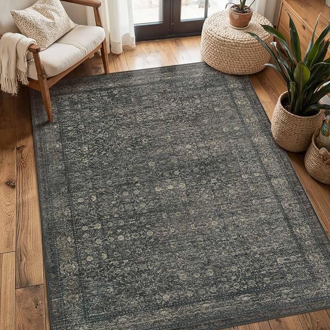 Rugxara 3x5 Washable Entryway Rug, Non Slip Boho Runner Rugs for Hallway, Entrance, Kitchen, Bathroom, Laundry Room, Soft Entryway Carpet, Throw Low Pile Retro Imitation Wool Carpet, Moss Brown