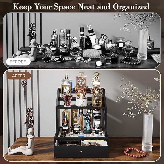 Miratino Cologne Organizer for Men, Large-Capacit Perfume Organizer for Men with 2-in-1 Design, 3-tier Cologne Stand, Wood Perfume Holders, Cologne Storage Display with Spacious Velvet-Lined Drawers