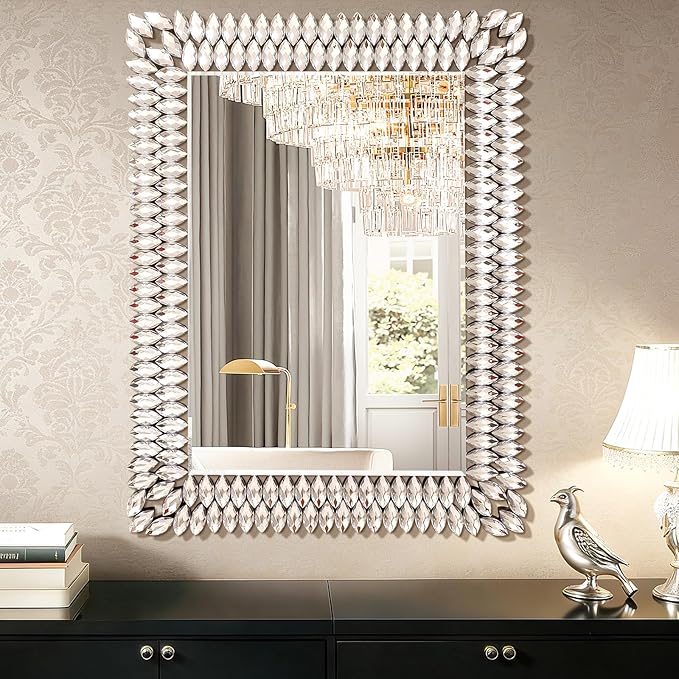 30x40 Inch Rectangle Mirrors for Wall Decor, Luxury Diamond Entryway Mirrors for Wall, Silver Decorative Mirror for Living Room, Bedroom, Bathroom, Dining Room, Fireplace