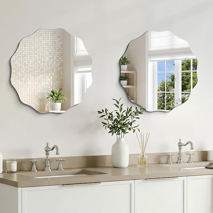 CILIBER Frameless Wavy Round Mirror, 20'' Scalloped Circle Wall Mirror, 3mm Tempered Glass Decorative Bathroom Vanity Mirror, Mounting/Leaning for Mantel, Living Room, Bedroom and Entryway