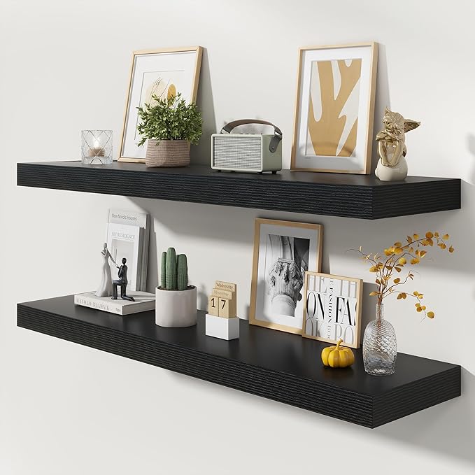 FLYJOE 48 Inch Floating Shelves | 12 Inch Deep Black Floating Shelves Set of 2 | 48" W x 12" D Black Wood Wall Shelves for Bathroom Living Room Kitchen Laundry Room