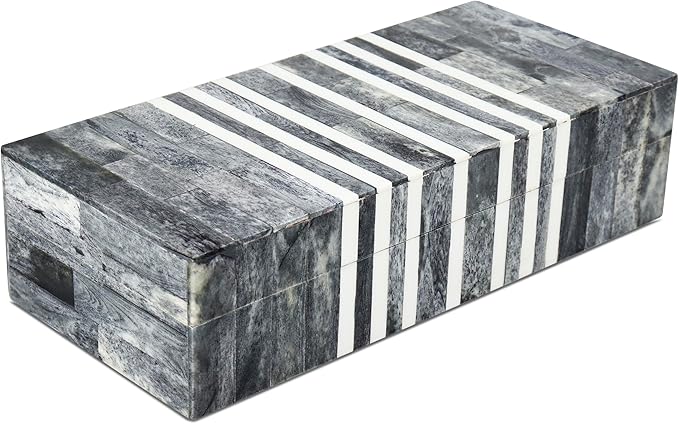Handicrafts Home Decorative Storage Box with Lid, Patisserie Cafe Stripe Pattern Coffee Table Storage Box Organizer, Wooden Keepsake Jewelry Box, Kitchen Counter Console Box, Grey & White, 10x4.5x2.5