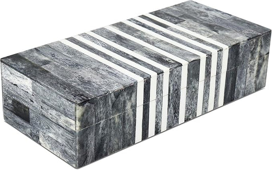 Handicrafts Home Decorative Storage Box with Lid, Patisserie Cafe Stripe Pattern Coffee Table Storage Box Organizer, Wooden Keepsake Jewelry Box, Kitchen Counter Console Box, Grey & White, 10x4.5x2.5