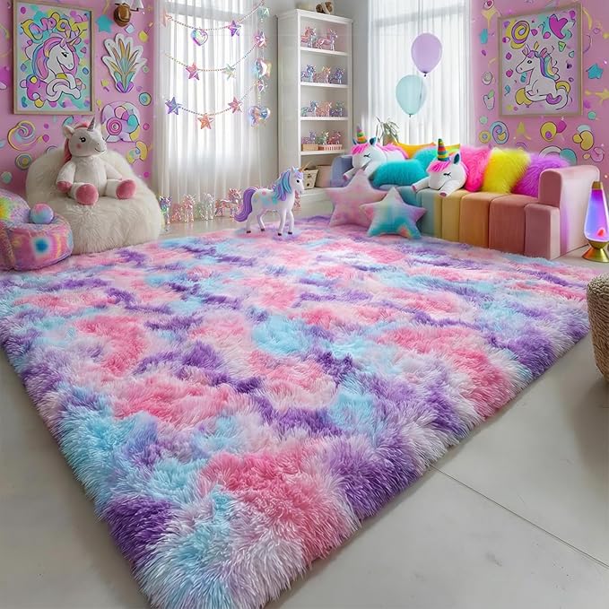 Amdrebio Hot Pink Rainbow Area Rug for Girls Bedroom 8x10, Large Fluffy Cute Fuzzy Colorful Pastel Kids Rugs for Nursery Playroom Classroom, Big Shag Princess Carpet for Baby Toddler Teen, Home Decor