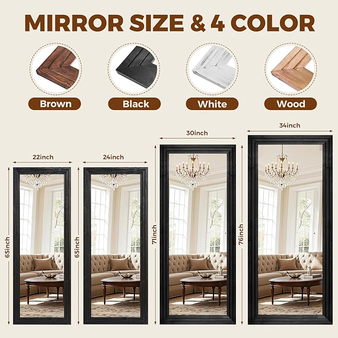 Full Length Wood Mirror 71x30 - Rustic Solid Wood Floor Mirror with Triple Layer Frame, HD Tempered Glass, Wall Mounted or Leaning Standing Mirror Vintage Black Mirror for Bedroom Bathroom Living Room