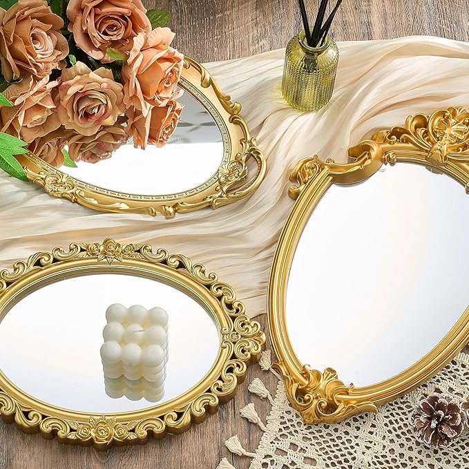 Beeveer 3 Style Vintage Mirrors Set Decorative Oval Wall Mirror Small Antique Mirrored Tray Decorative Hanging Mirror for Bathroom Bedroom Jewelry Organizer Victorian Decor (Shield,Gold)