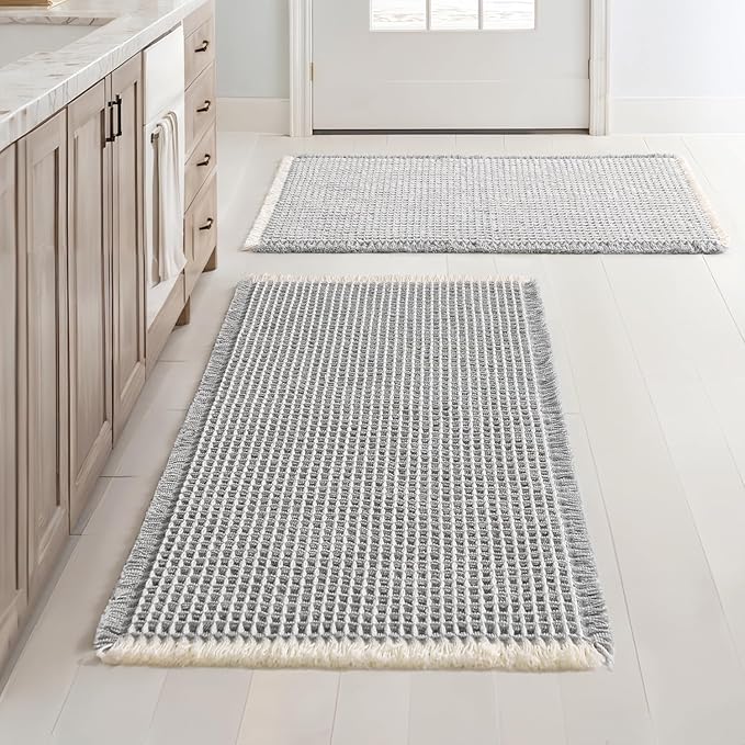 MIULEE Set of 2 Waffle Bathroom Rugs, Boho Bath Rugs Non Slip Washable, Super Absorbent Bath Mats, Ultra Soft Rubber Backed Shower Mats for Bathroom Floor, Tub, LightGrey & Cream, 18x30 Inch