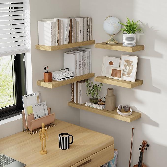 Acovy 40 Inch Floating Shelves, 8 Inch Deep Floating Shelves for Wall, Hanging Shelf with Invisible Brackets, Deep Shelves for Bathroom, Bedroom, Living Room, Oak, Set of 2
