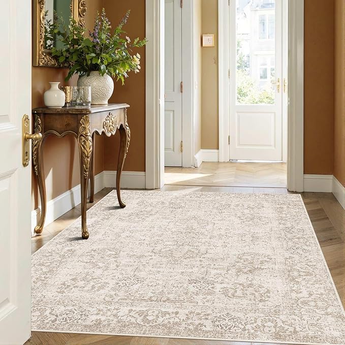 Rugxara Washable Area Rug for Living Room, Vintage Neutral Boho Rugs for Office, Dining Room, Kids Room, Farmhouse, Durable Low Pile Non Slip Carpet for High Traffic Areas, Light Bown(4x6ft)