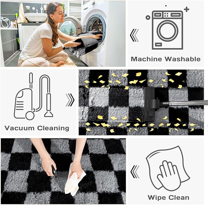 Checkered 8x10 Area Rugs for Living Room, Ultra Soft Fluffy Large Shaggy Rug Carpet for Bedroom, Non-Slip Fuzzy Plush Rugs for Nursery Boys Girls Kids Room Modern Indoor Home Decor, Dark Grey