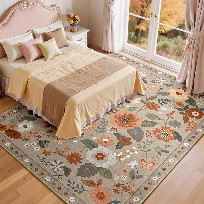 RELEANY Floral Nursery 9x12 Area Rugs Washable Print Boho Cute Carpet Non Slip Flower Low Pile for Living Room Kids Girls Playroom Bedroom Kitchen Office Farmhouse-Brown/Brick