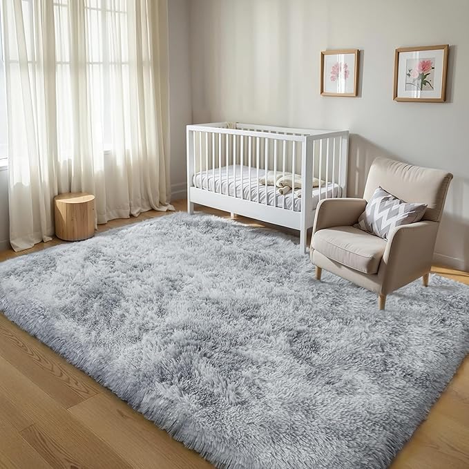 KICHOWUA Thick Area Rug Light Grey Shag Fluffy 5x8 for Bedroom Living Room Soft Plush Washable Fuzzy Carpet for Kids Baby Nursery Non Slip Cozy Furry Shaggy Rugs for Dorm Tie-Dye Gray