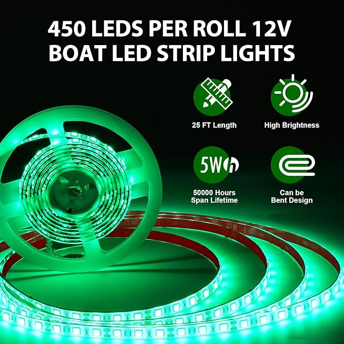25ft Boat Lights for Night Fishing Marine LED Strip Lights 12V Waterproof, Interior Light Deck Light for Pontoon, Kayak, Jon Boats, Bass Boat, Fishing Boats (Green)