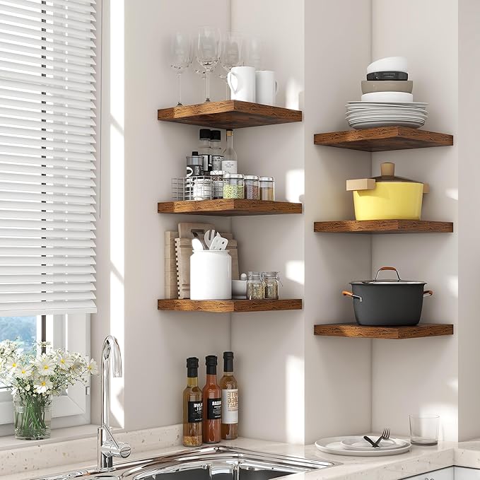 Square Floating Shelves for Wall 12"W x 12"D x 1.2"H, Small Engineered Wood Wall Shelves with Invisible Brackets for Living Room Bedroom Bathroom Office Kitchen Storage Decor, Rustic Brown, Set of 3