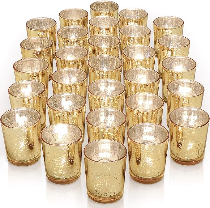 LETINE Gold Votive Candle Holders Set of 36 - Speckled Mercury Gold Glass Candle Holder Bulk - Ideal Spring Summer Decor for Wedding Centerpiece Table，Valentine's Day Decorations Indoor