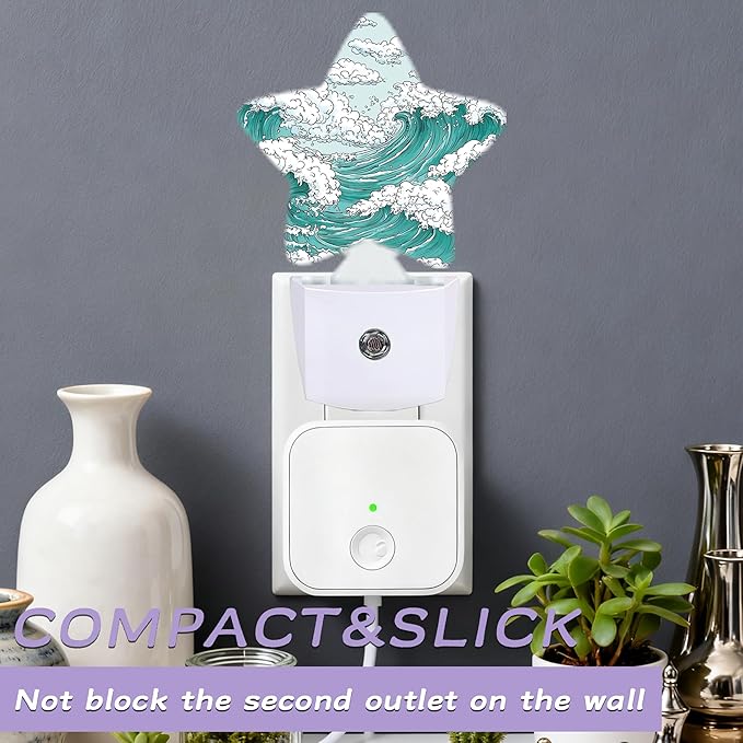 Japanese Wave Art Decorative Nightlight Plug in Wall,Classic Ocean Star Shaped Night Light with Built in Sensor for Home Decor,Kitchen Hallway Stairs Desk Lamp