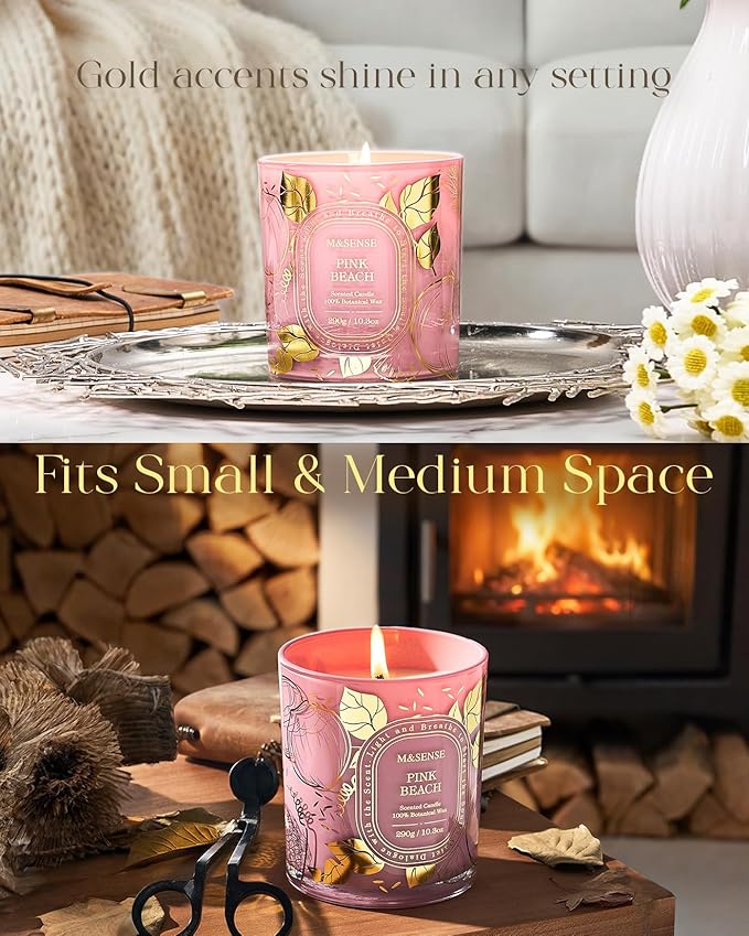 M&SENSE Pink Beach Scented Candle, Natural Soy Candle, Clean Burn Non Toxic, 55 Hours Long Burning 10.3oz, Romantic Dating Home Fragrance Decor, Gifts for Women