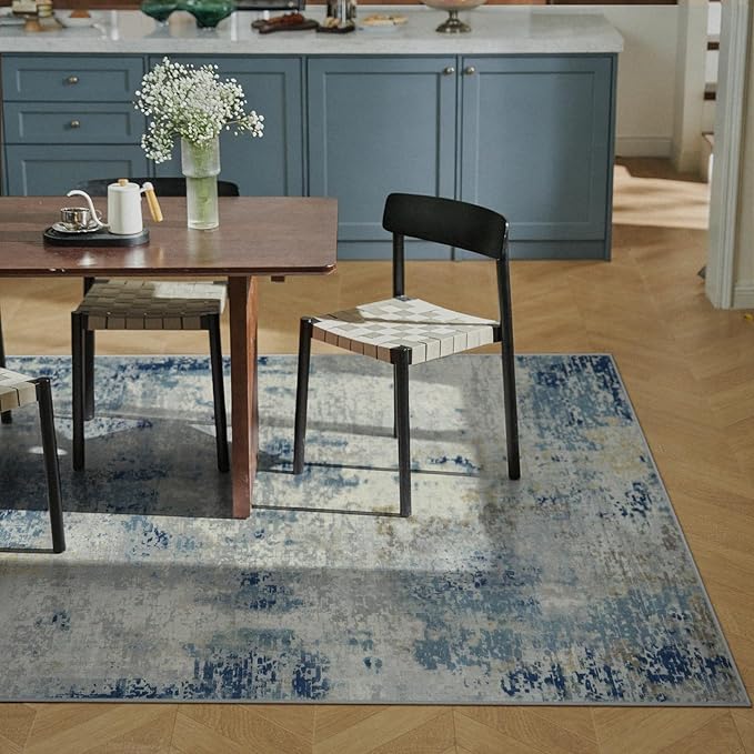 Lahome Modern Abstract Area Rug 3x5, Washable Bedroom Rug Soft Throw Entry Mat Contemporary Faux Wool Non-Slip Stain Resistant Carpet for Living Room Kitchen Bath Office, Blue/Yellow/Ivory