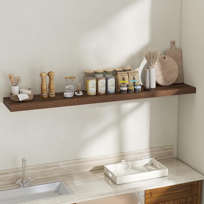 Fun Memories 72 Inch Floating Shelves, 12 Inch Deep Wall Shelf for Fireplace Mantel, Large Display Shelf & Storage Shelf, Wood Floating Wall Shelves for Home & Office, Walnut, Set of 1