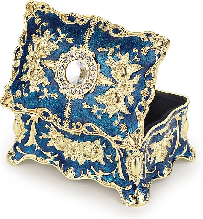 Hipiwe Vintage Jewelry Box, Small Enameled Trinket Box Organizer Rectangular Treasure Chest Box Jewelry Decorative box Keepsake Gift Box Case for Women,3.7x 2.7x 2 inch