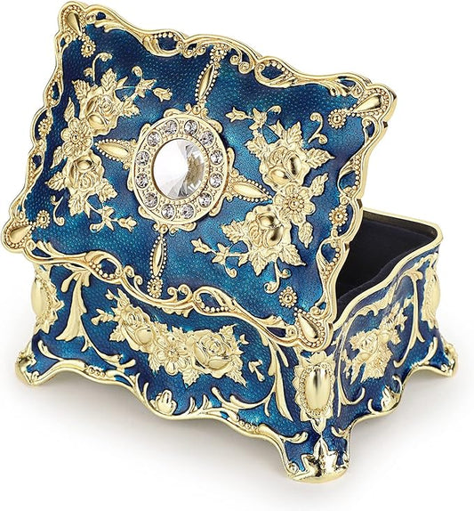 Hipiwe Vintage Jewelry Box, Small Enameled Trinket Box Organizer Rectangular Treasure Chest Box Jewelry Decorative box Keepsake Gift Box Case for Women,3.7x 2.7x 2 inch