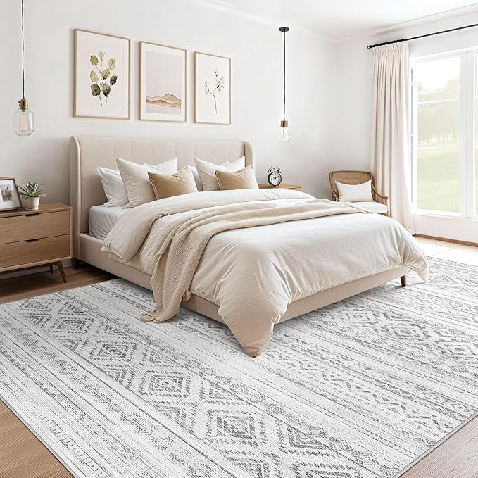 cotiled 10x12 Area Rug Living Room: Washable Boho Rugs with Non Slip Backing Large Soft Indoor Stain Resistant Carpet for Bedroom Farmhouse Dining Room Lightweight Home Decor Light Grey