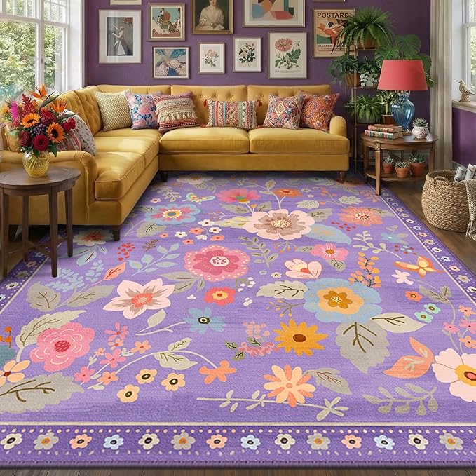 RELEANY Floral Nursery 7x9 Area Rugs Washable Print Boho Cute Carpet Non Slip Flower Low Pile for Living Room Kids Girls Playroom Bedroom Kitchen Office Farmhouse-Purple/Pink/Multi