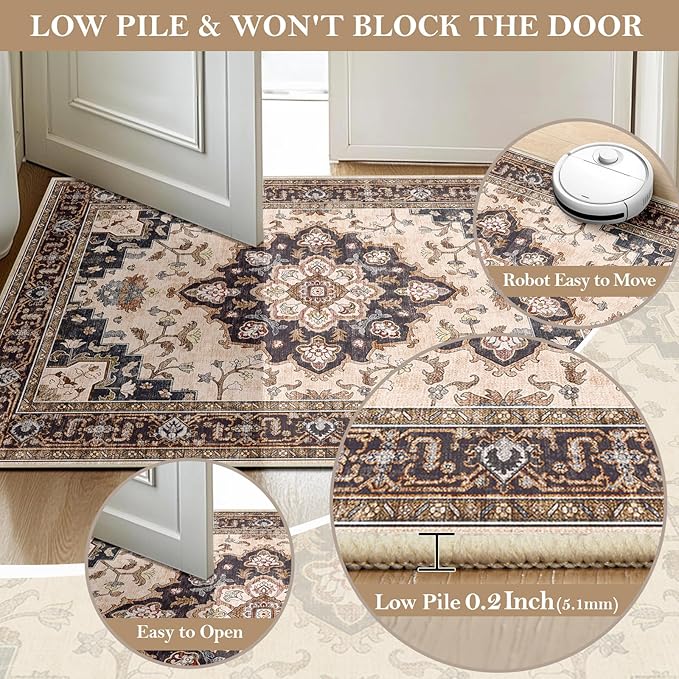 CAPALOCA Machine Washable Rugs Nursery Rug 5x7 Cute Girl Non Slip Low Pile Water Repellent Soft Print Pattern for Bedroom Indoor Decor Kids Playroom Coffeebeige