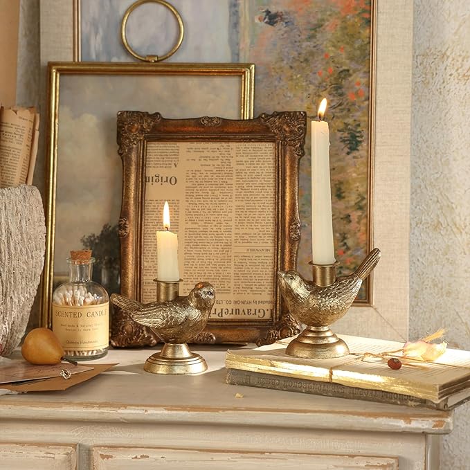 NIKKY HOME Taper Candle Holders Set of 2, Gold Birds Decor, Vintage Candlesticks Pedestal, Centerpieces Decorations for Fireplace Mantle Dining Table