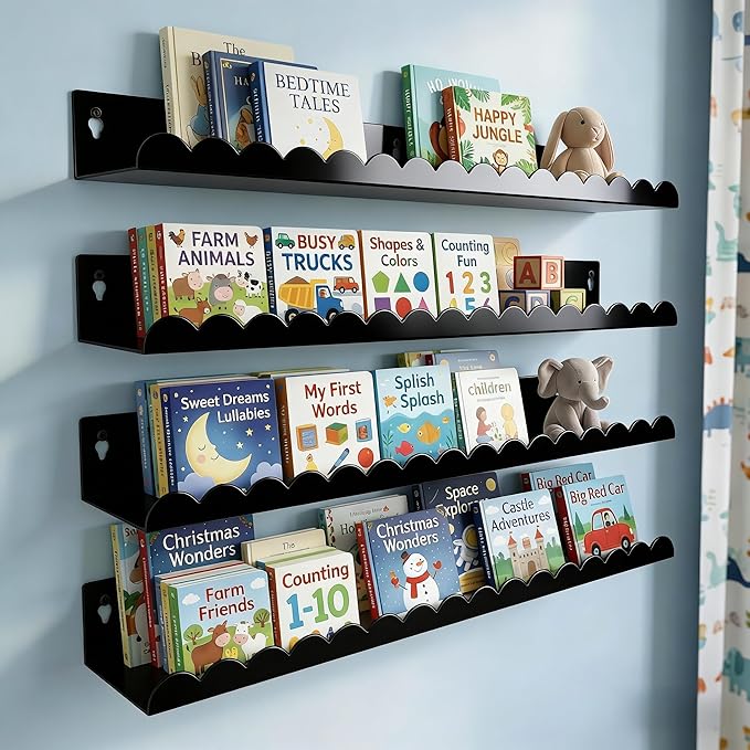 24 Inch Nursery Book Shelves Set of 4, Black Metal Floating Shelves for Wall, Scalloped Cloud Book Shelf for Kids Room, Bathroom, Bedroom, Playroom Wall Decor & Storage