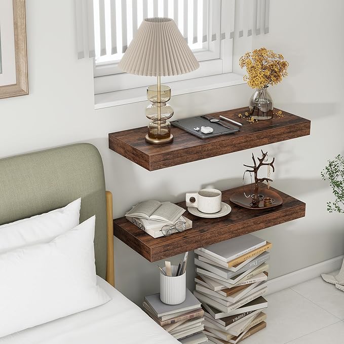 FLYJOE 30 Inch Floating Shelves | 12 Inch Deep Brown Floating Shelves Set of 2 | 30" W x 12" D Rustic Wood Shelves for Wall | Deep Brown Shelves for Living Room Bathroom Laundry Room Kitchen