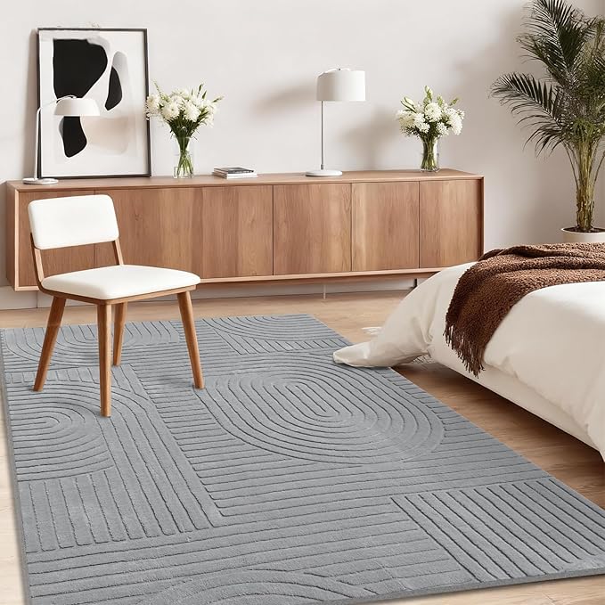 5x7 Solid Color Area Rugs – Washable Living Room Rug, Durable Non-Slip Indoor Carpet with Soft High-Low Pile, Fluffy Floor Rugs for Bedroom, Bedside, Kids Room, Dorm, Nursery, Home Décor, Grey
