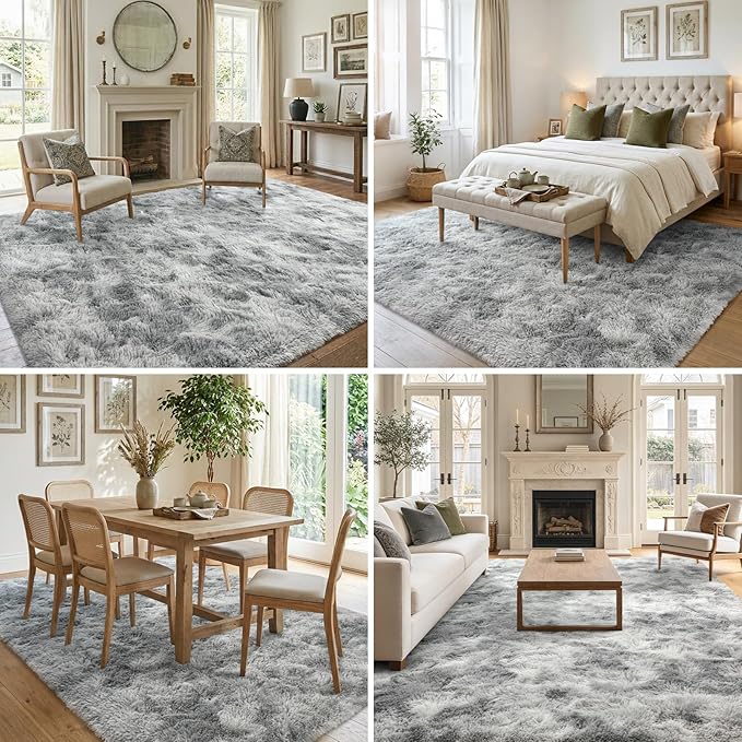 5x7 Ft Shag Area Rug for Bedroom, Tie Dyed Ultra Soft Fluffy Furry Rugs for Living Room Indoor Floor, Aesthetic Carpet for Kids Home Decor (Grey)