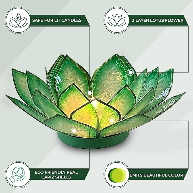 Om Gallery Capiz Shell Lotus Flower Decor Tealight Candle Holder for Serene Ambiance - Handmade Decorative Candle Holders for Meditation, Yoga, and Relaxation, Rain Forest