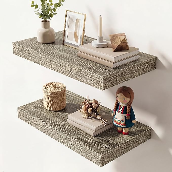 Dreamland 16 Inches Floating Shelves for Wall, 9.3" Deep Long Floating Shelves Set of 2, Large Display & Storage Shelf, Wall Shelf for Bathroom Bedroom Living Room Kitchen Office, Grey