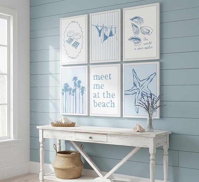 6Pcs Blue Coastal Granddaughter Canvas Wall Art Beach Shell Bikini Plant Starfish Painting Picture Wall Decor Poster Print Artwork for Teen Girl Room Dorm Apartment Unframed