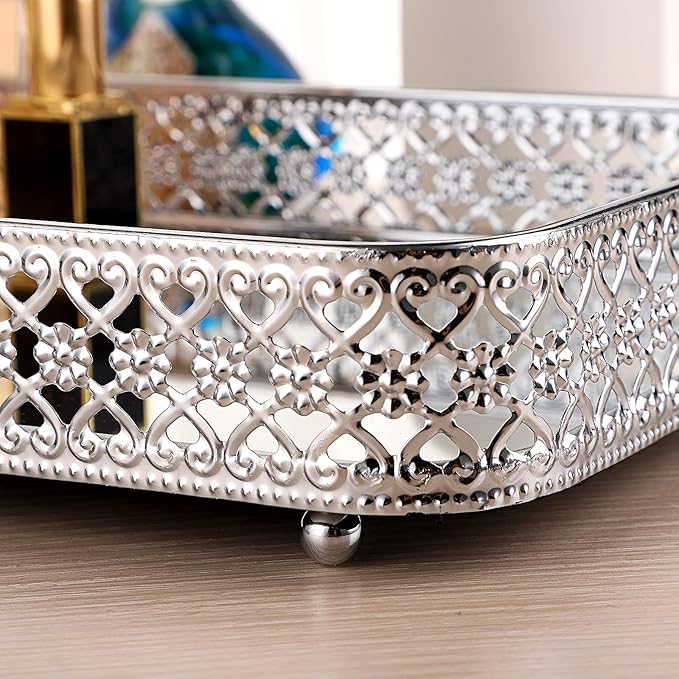 ELLDOO Perfume Mirror Tray Vanity Makeup Hollow-Carved Jewelry Organizer Glass Metal Trinket Storage Tray Home Decor Organizer for Dresser Bathroom Countertop,Silver,Medium Size