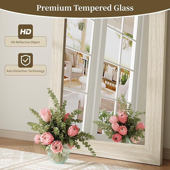 Syndra Modern Full Length Mirror Wood Frame, 65x24'' Large Floor Mirror with HD Tempered Glass & Wall Mount Option, Rectangular Standing Mirror for Bedroom, Living Room, Entryway, Farmhouse(White Oak)