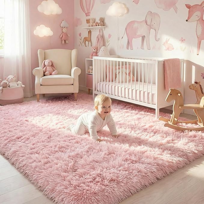 Amdrebio Pink Bedroom Rug 3x5 for Girls Room, Fluffy Plush Bedside Area Rugs for Kids Room Decor Aesthetic, Small Cute Indoor Floor Carpet, Fuzzy Shaggy Throw Rug for Preppy Dorm, Nursery, Playroom