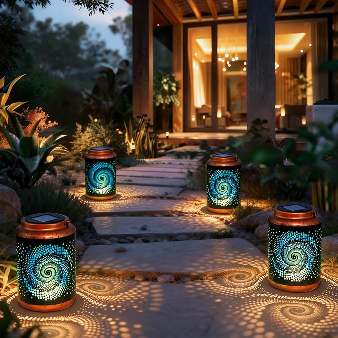 DIBIEECN Mothers Day Gifts for Mom, Birthday Gifts Grandma Ladies Solar Lanterns Outdoor Hanging Hollowed-Out Metal Waterproof LED Garden Decor Outside for Patio Yard Porch, Blue, 2 Pack