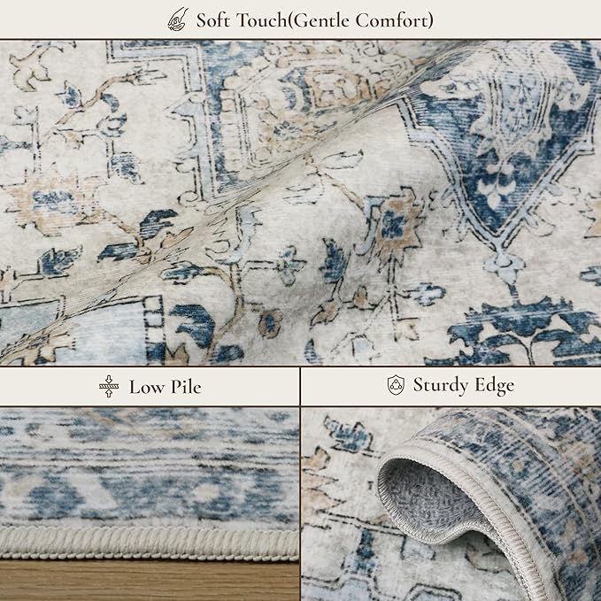 GENIMO 29"x17" Area Rugs for Living Room, Machine Washable Non Slip Vintage Rugs, Low Pile Soft Chenille Print Rug for Bedroom, Dining Room, Home Office, Blue
