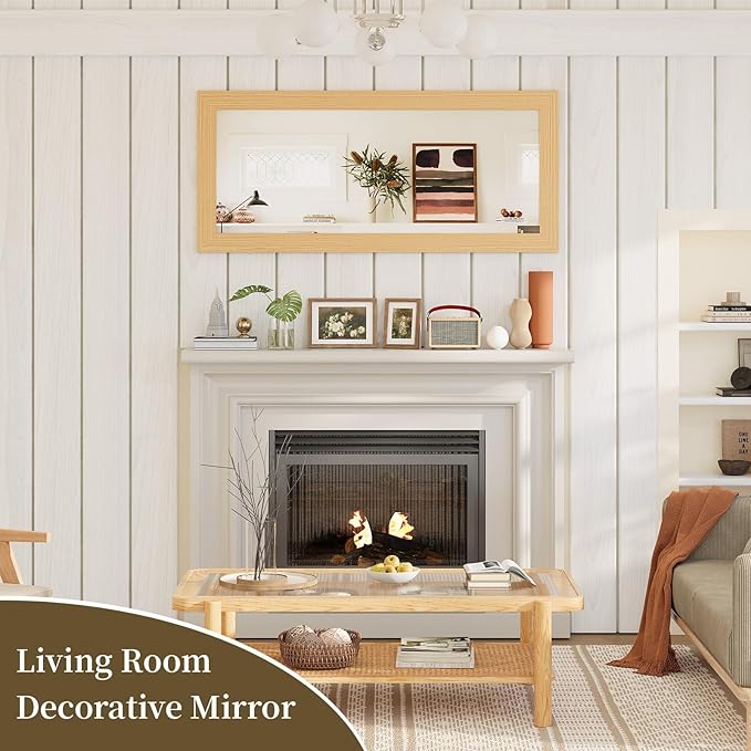 Syndra Modern Full Length Mirror Wood Frame, 65x24'' Large Floor Mirror with HD Tempered Glass & Wall Mount Option, Rectangular Standing Mirror for Bedroom, Living Room, Entryway, Farmhouse(Natural)