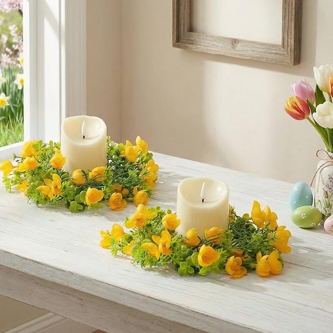 Daifunli 2 Pcs Spring Summer Faux Primrose Flowers Candle Rings Artificial Silk Yellow Flower Farmhouse Wreaths for Pillar 3.9 Inch Candles Holder for Spring Summer Rustic Table Centerpiece Decor