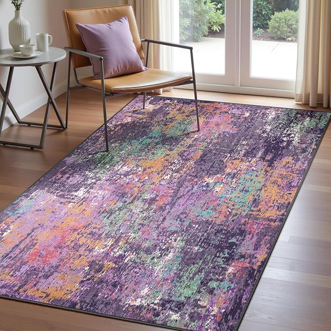 RELEANY Washable Area Rugs 3'x5' Non-Slip Modern Abstract Soft for Living Room Entryway Bedroom Nursery, Print Pattern, Purple Orange Blue Green Rust Red Colorful